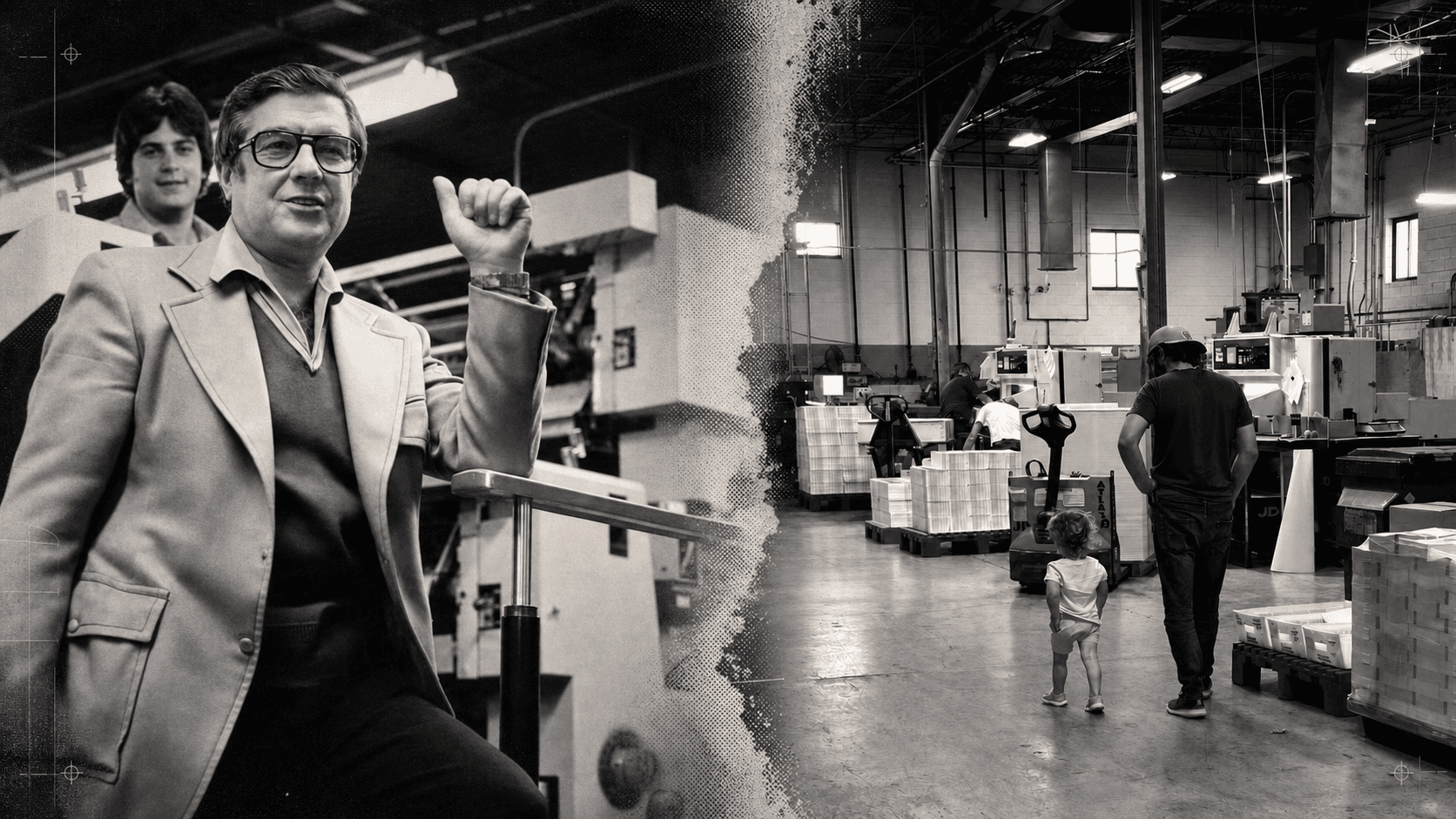 A generational composition joining an authentic historical JD Graphic press portrait with a present-day walk through the production floor